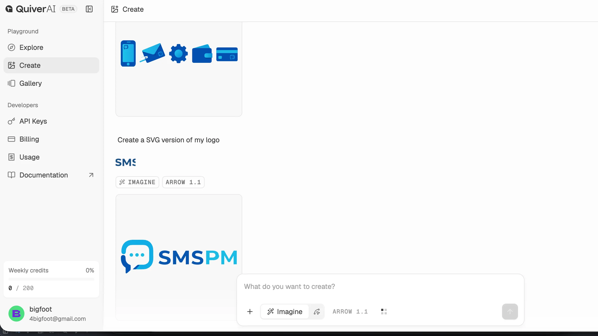 Quiver.ai homepage showing the Create section with upload area and credit counter
